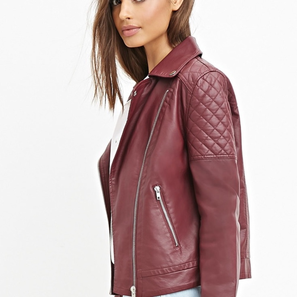 Women’s maroon faux leather moto jacket